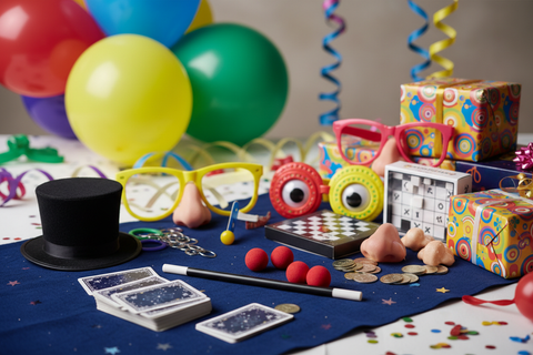 Fotografia (o render realistico) di un tavolo da festa con diversi giochi di magia e piccoli regali divertenti: in primo piano un kit di magia con carte da gioco, bacchetta magica, cilindro, palline di spugna e qualche piccolo trucco classico disposto in modo ordinato. Accanto si vedono gadgets scherzosi e regali divertenti generici, come occhiali buffi, nasini finti, mini giochi da tavolo in formato regalo e confezioni colorate senza loghi né testi leggibili. Sullo sfondo si intravedono palloncini e qualch
