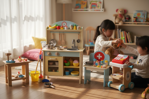 Fotografia (o render realistico) di una stanza dei giochi con diversi giochi di imitazione per bambini: una cucina giocattolo con pentole, piattini e cibo finto, un banchetto da dottore con stetoscopio e accessori giocattolo, una cassa da negozio con soldi finti, una piccola officina con attrezzi giocattolo e un carrellino per le pulizie con secchio e scopa. Si vedono le mani o le sagome di alcuni bambini che “giocano ai mestieri”, in un ambiente caldo e luminoso. Luce naturale morbida, sfondo leggermente s